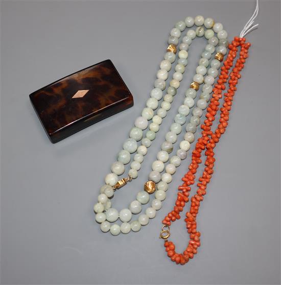 A coral necklace, hardstone bead necklace with 14k clasp, tortoiseshell box and Eversharp fountain pen.